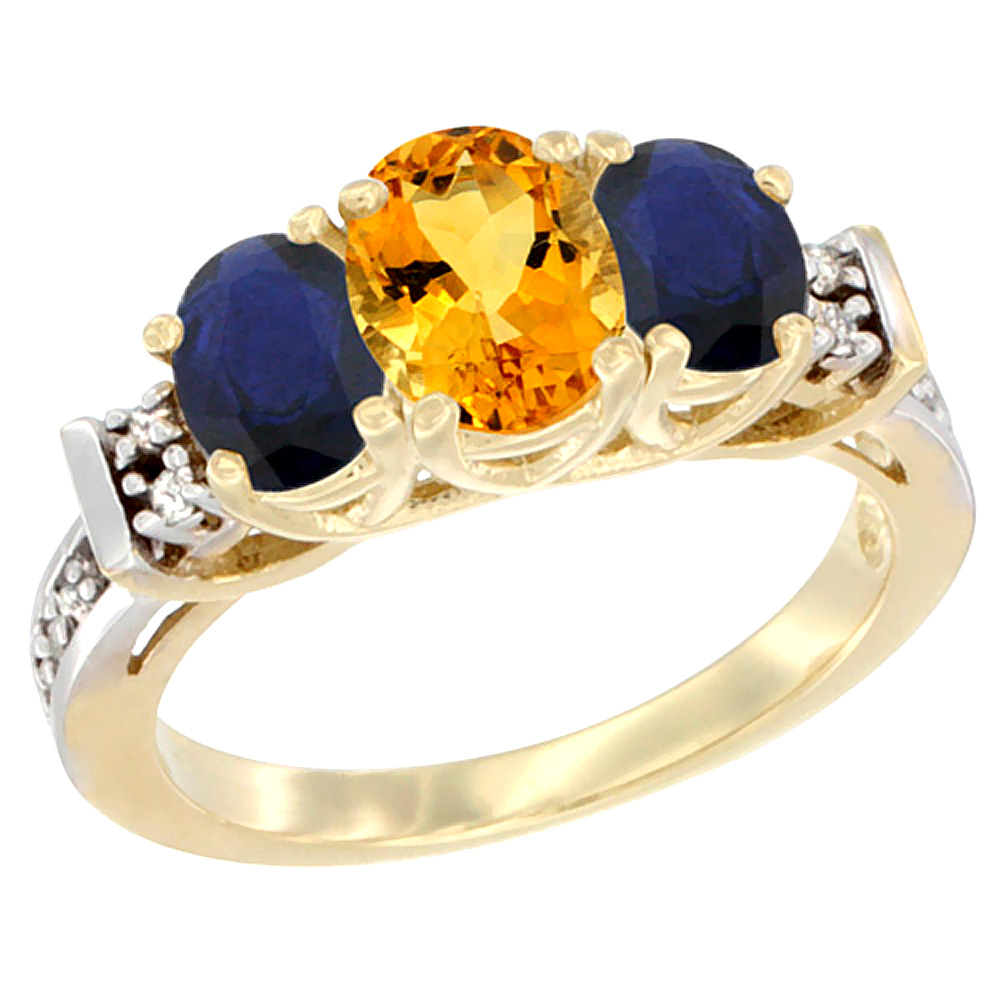 14K Yellow Gold Natural Citrine &amp; High Quality Blue Sapphire Ring 3-Stone Oval Diamond Accent