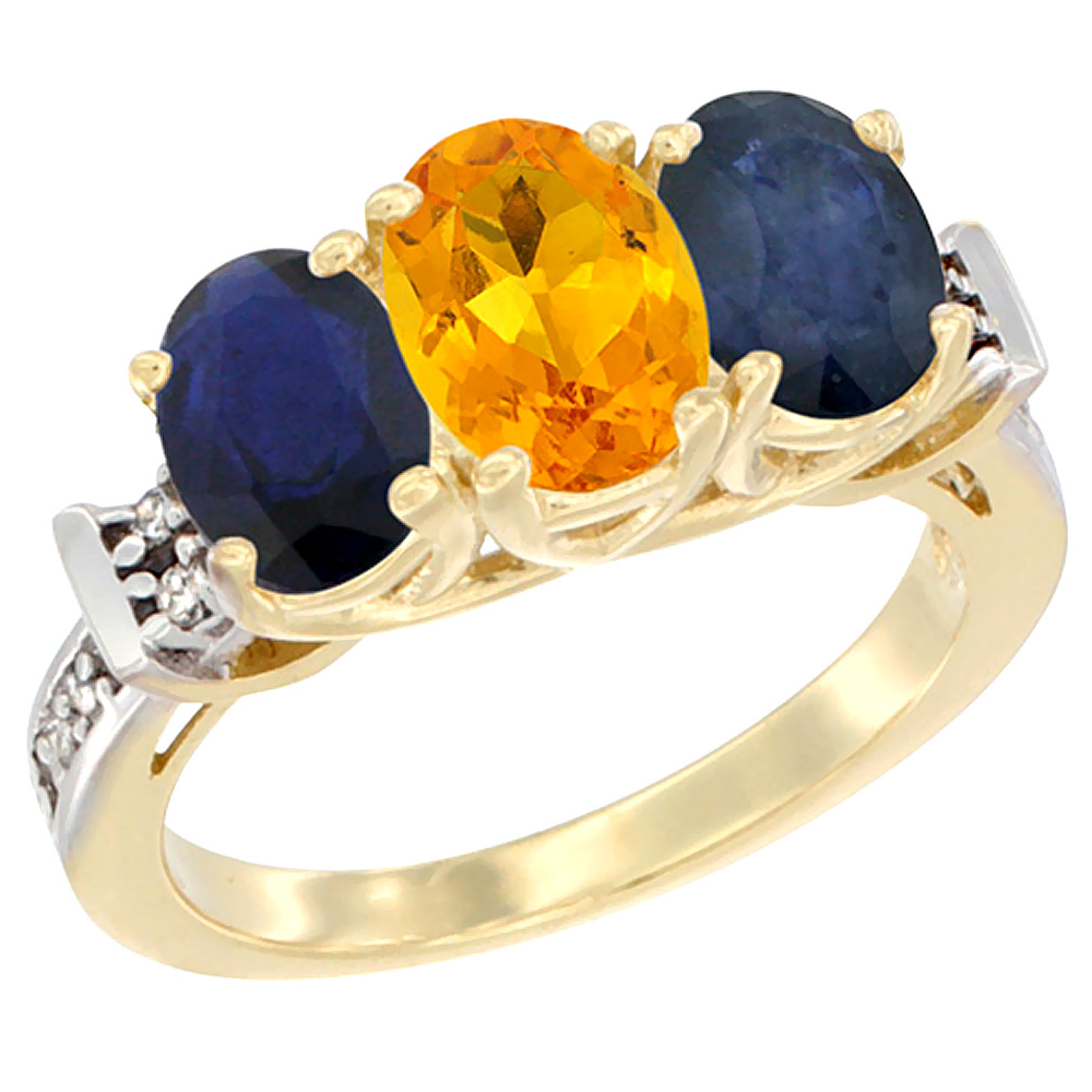 14K Yellow Gold Natural Citrine &amp; Blue Sapphire Sides Ring 3-Stone Oval Diamond Accent, sizes 5 - 10