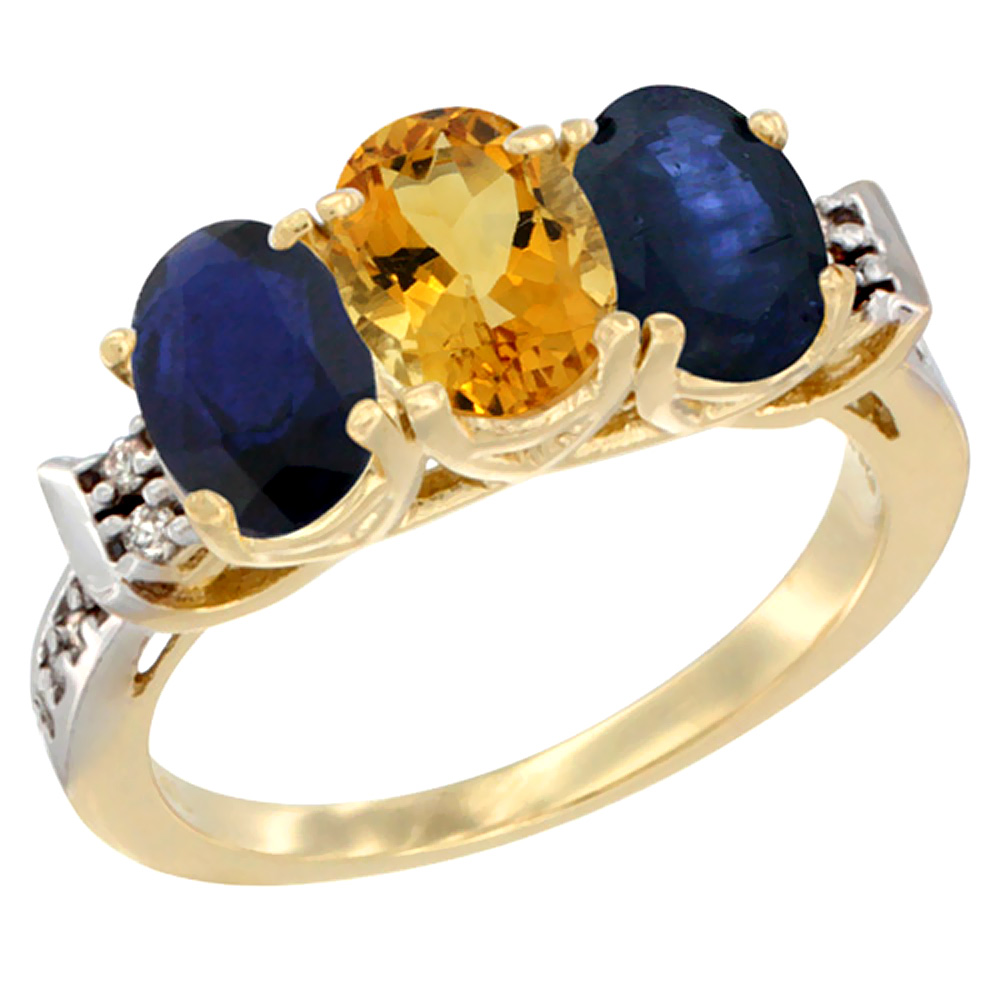 10K Yellow Gold Natural Citrine &amp; Blue Sapphire Sides Ring 3-Stone Oval 7x5 mm Diamond Accent, sizes 5 - 10