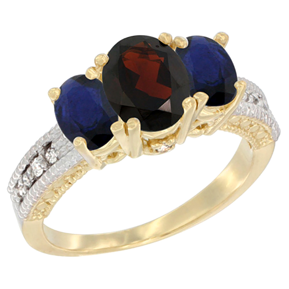 14k Yellow Gold Ladies Oval Natural Garnet 3-Stone Ring with Blue Sapphire Sides Diamond Accent