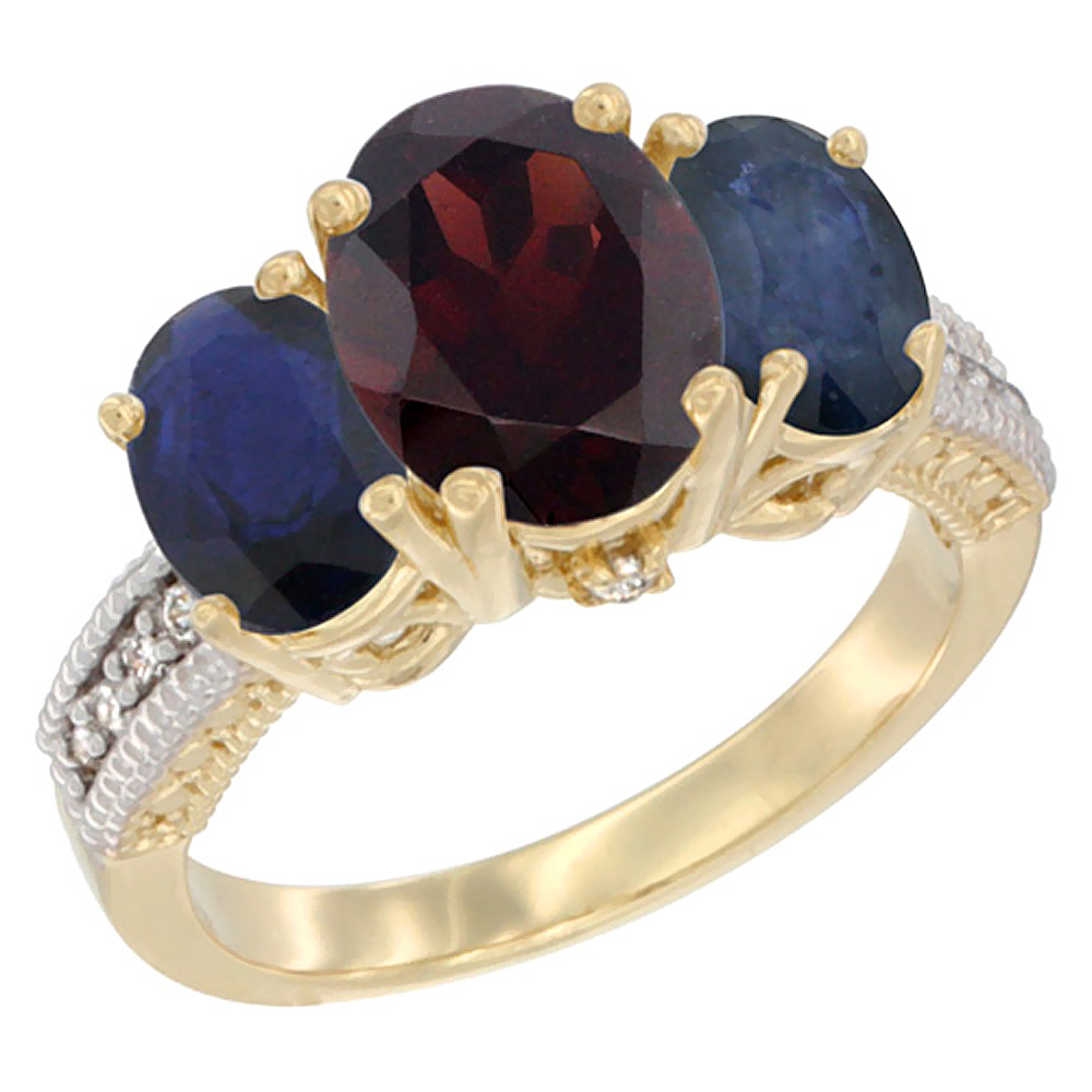 14K Yellow Gold Diamond Natural Garnet Ring 3-Stone Oval 8x6mm with Blue Sapphire, sizes5-10