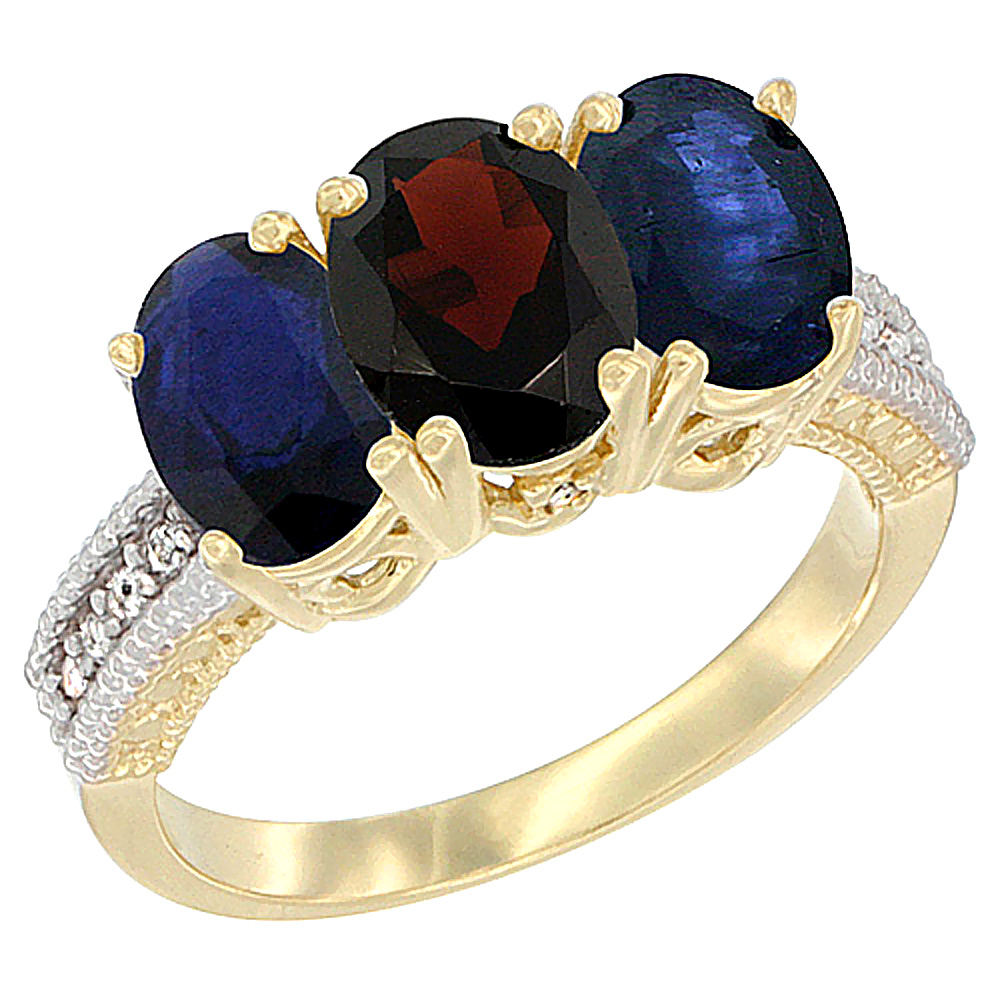 14K Yellow Gold Natural Garnet & Blue Sapphire Sides Ring 3-Stone 7x5 mm Oval Diamond Accent, sizes 5 - 10