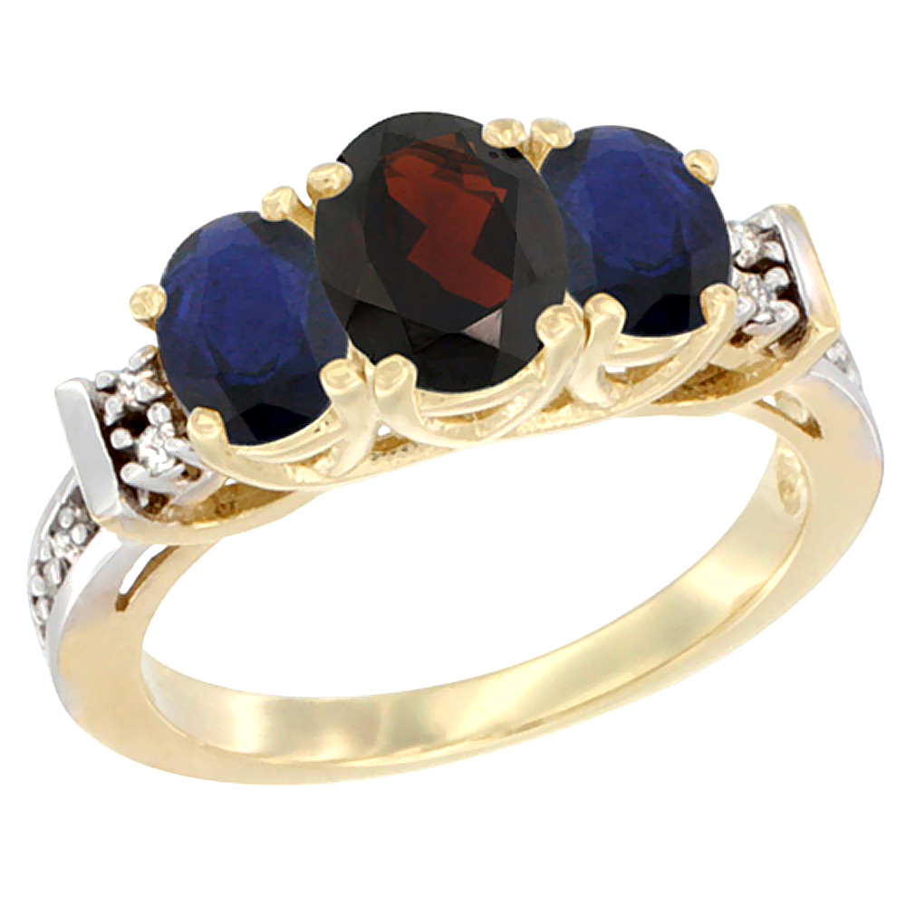14K Yellow Gold Natural Garnet & High Quality Blue Sapphire Ring 3-Stone Oval Diamond Accent