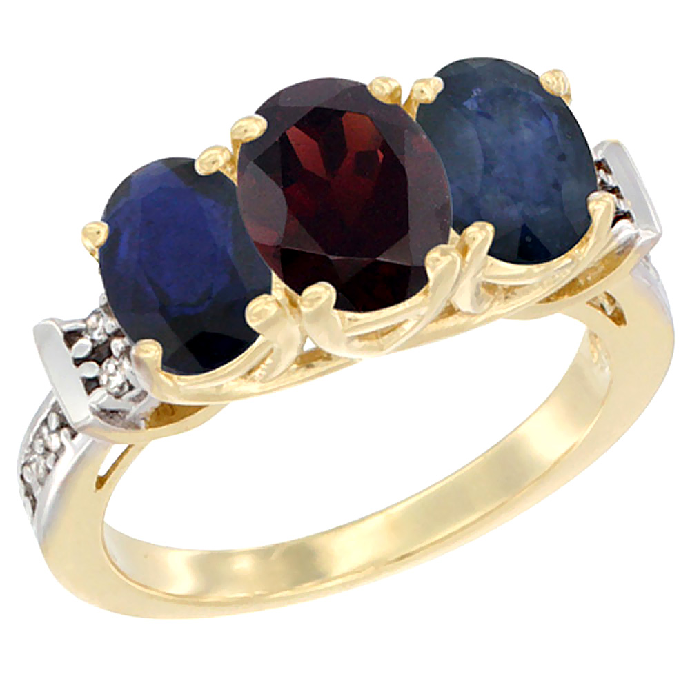 10K Yellow Gold Natural Garnet & Blue Sapphire Sides Ring 3-Stone Oval Diamond Accent, sizes 5 - 10
