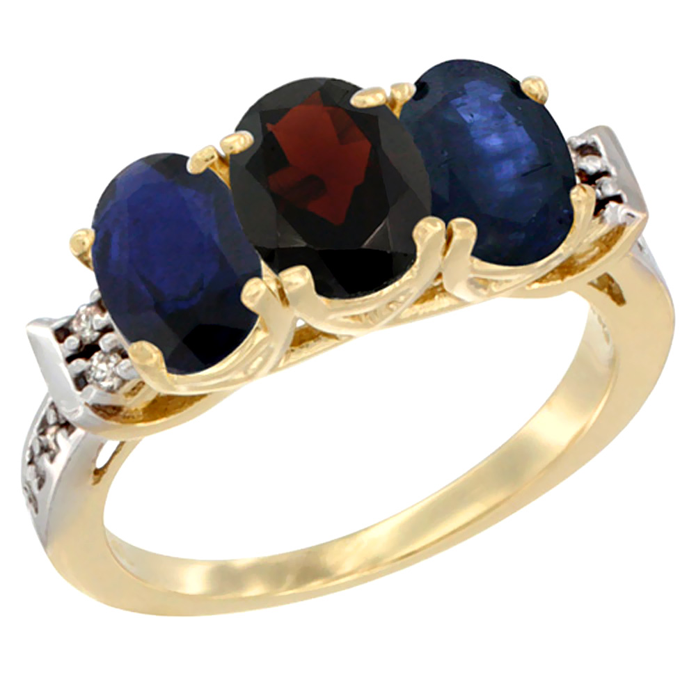 10K Yellow Gold Natural Garnet & Blue Sapphire Sides Ring 3-Stone Oval 7x5 mm Diamond Accent, sizes 5 - 10