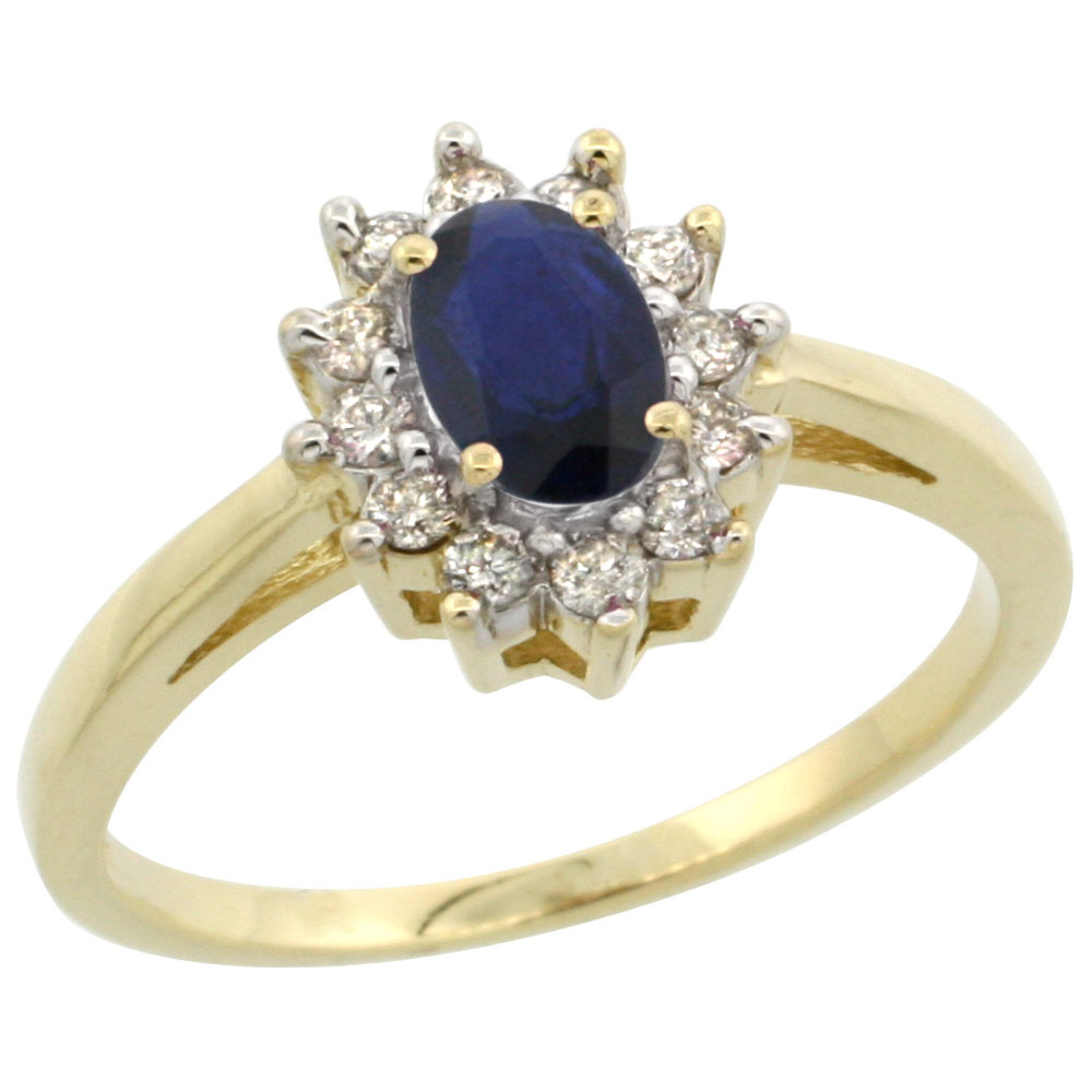 10K Yellow Gold Diamond Halo Natural Quality Blue Sapphire Engagement Ring Oval 6x4 mm, size 5 10