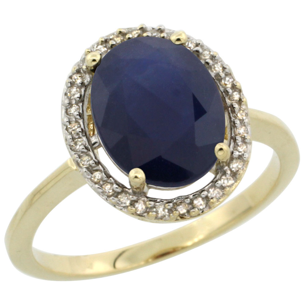 10K Yellow Gold Diamond Halo Natural Blue Sapphire Engagement Ring Oval 10x8 mm, sizes 5-10