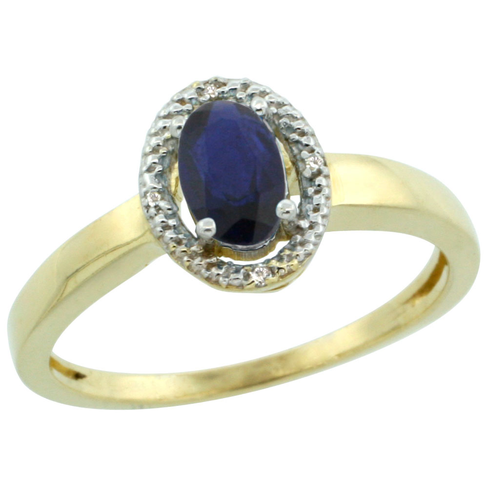 14K Yellow Gold Diamond Halo Natural High Quality Blue Sapphire Engagement Ring Oval 6X4 mm, sizes 5-10