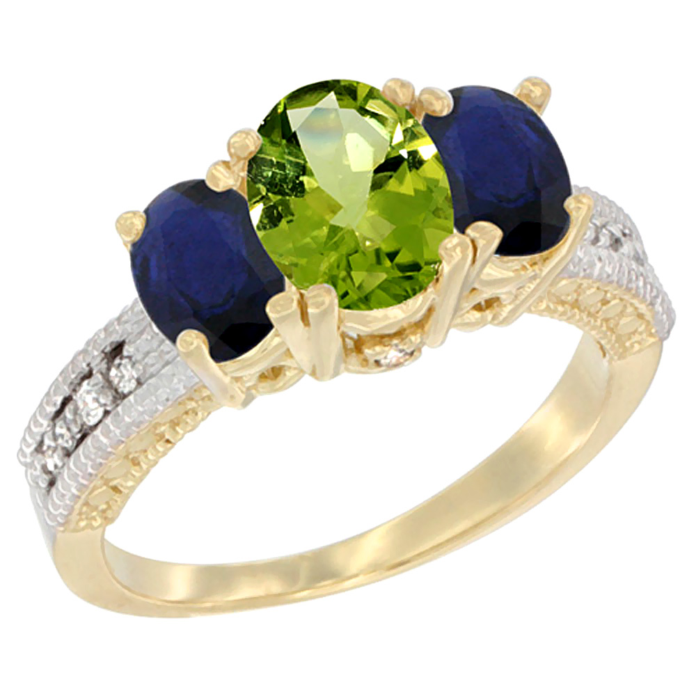 14k Yellow Gold Ladies Oval Natural Peridot 3-Stone Ring with Blue Sapphire Sides Diamond Accent
