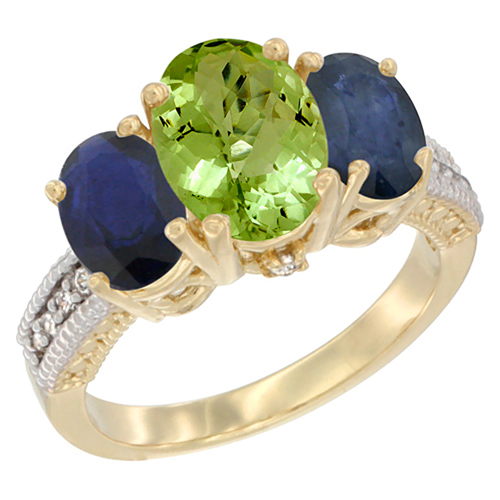 14K Yellow Gold Diamond Natural Peridot Ring 3-Stone Oval 8x6mm with Blue Sapphire, sizes5-10