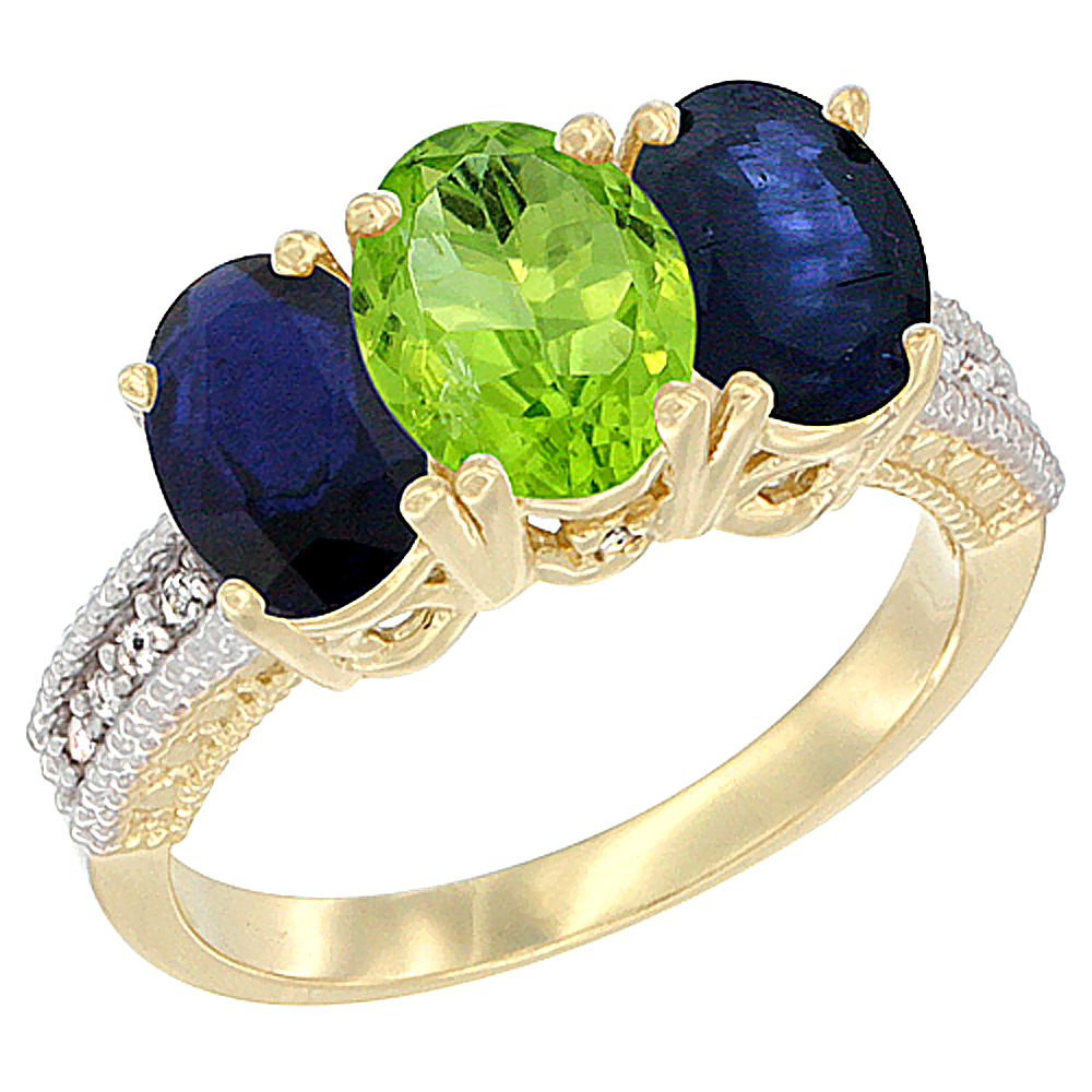 14K Yellow Gold Natural Peridot & Blue Sapphire Sides Ring 3-Stone 7x5 mm Oval Diamond Accent, sizes 5 - 10