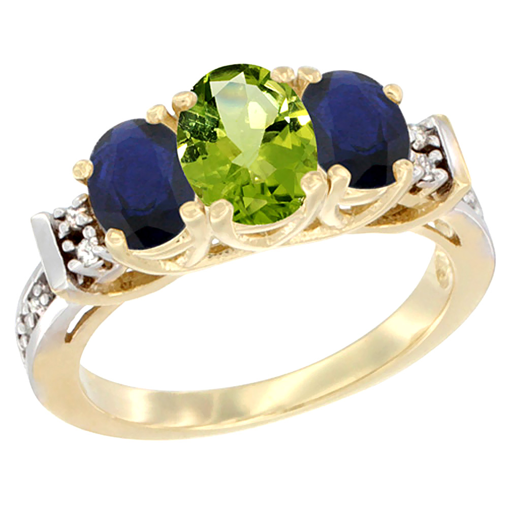 14K Yellow Gold Natural Peridot &amp; High Quality Blue Sapphire Ring 3-Stone Oval Diamond Accent