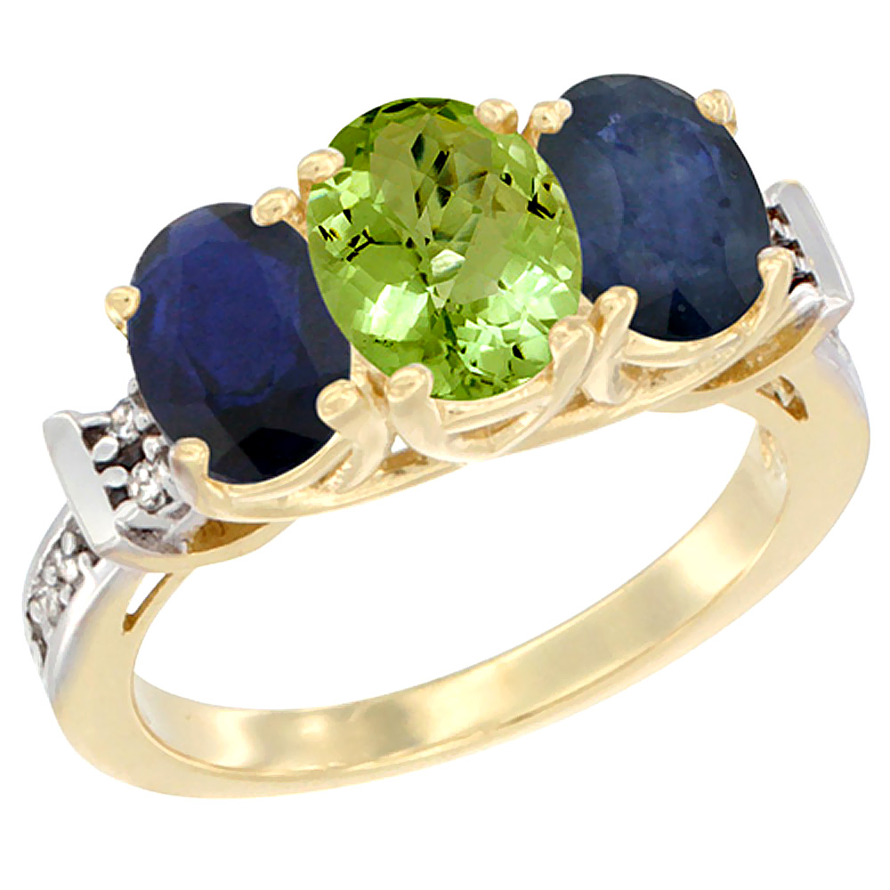 14K Yellow Gold Natural Peridot &amp; Blue Sapphire Sides Ring 3-Stone Oval Diamond Accent, sizes 5 - 10