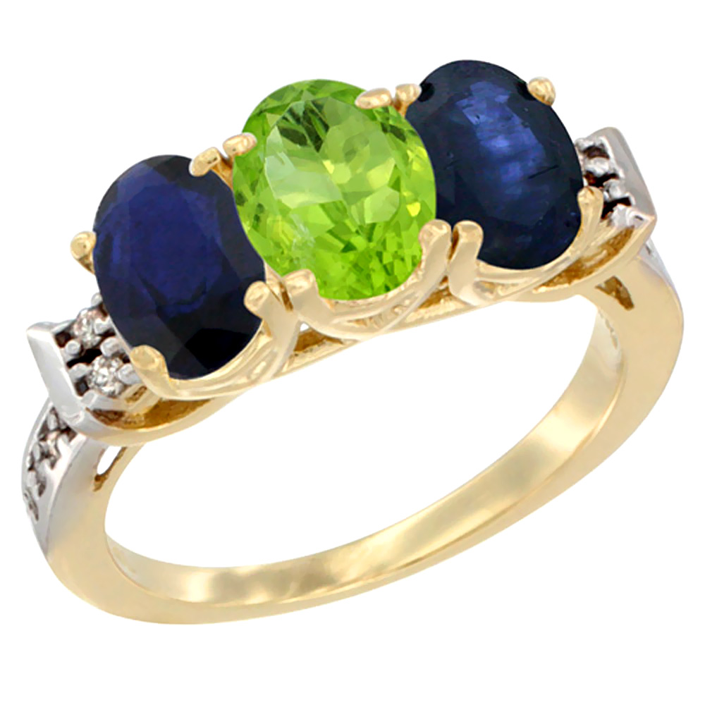 10K Yellow Gold Natural Peridot &amp; Blue Sapphire Sides Ring 3-Stone Oval 7x5 mm Diamond Accent, sizes 5 - 10