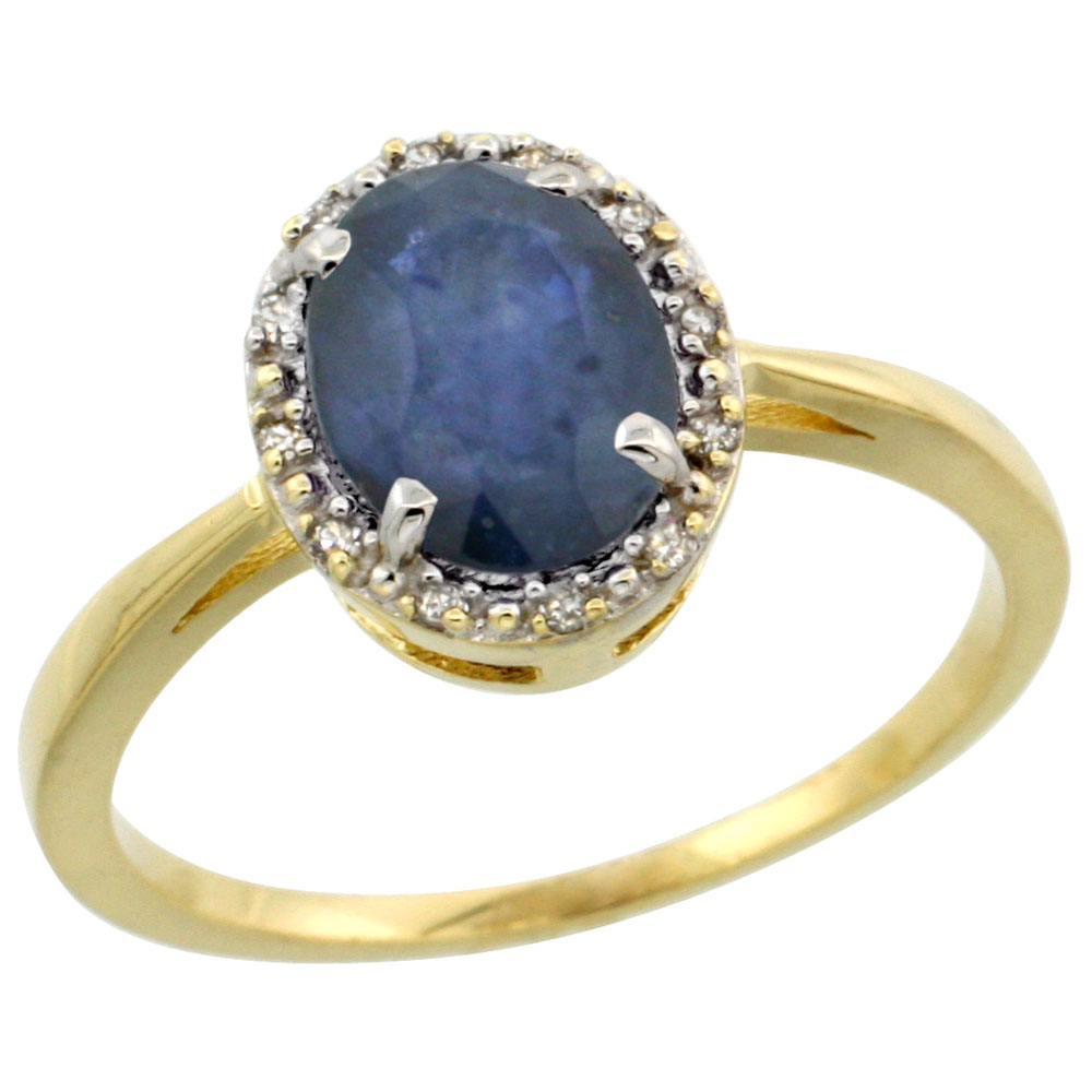 14K Yellow Gold Natural Blue Sapphire Ring Oval 8x6 mm Diamond Halo, sizes 5-10