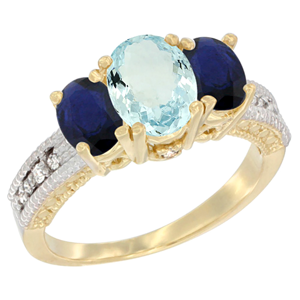 14k Yellow Gold Ladies Oval Natural Aquamarine 3-Stone Ring with Blue Sapphire Sides Diamond Accent