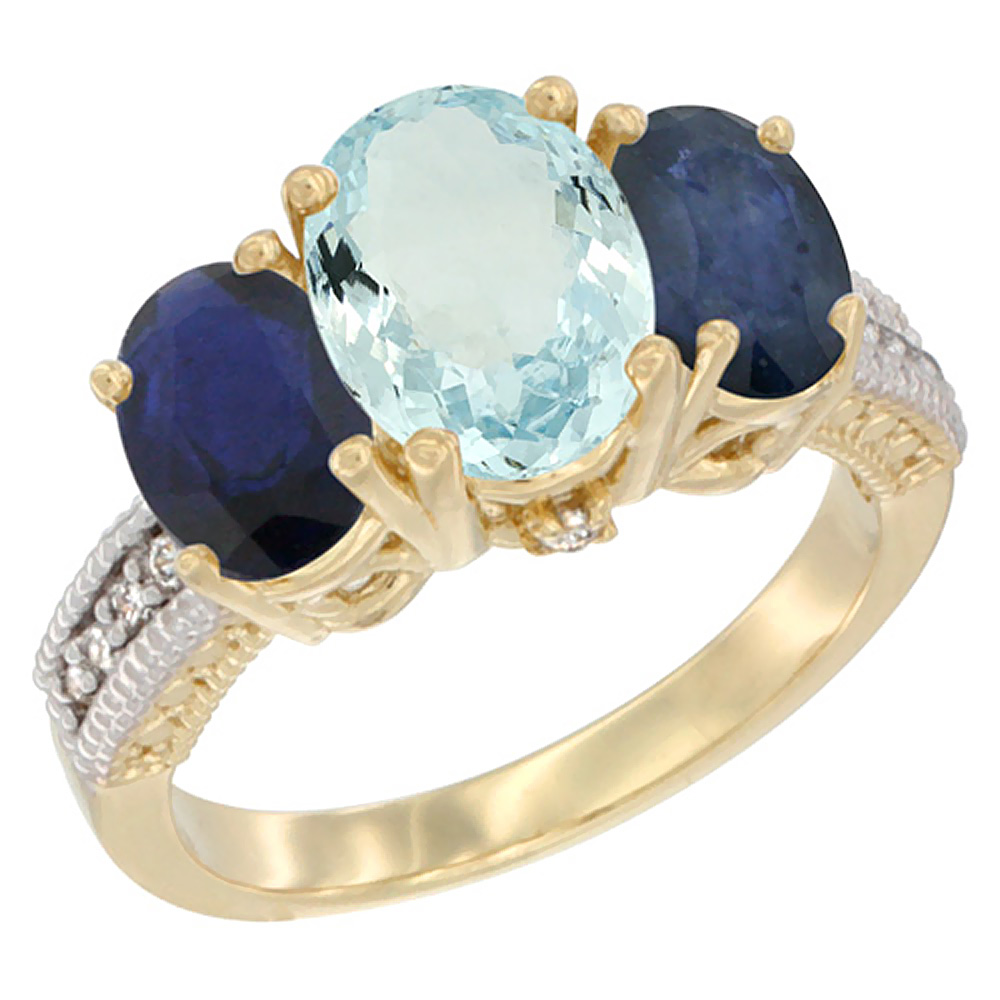 14K Yellow Gold Diamond Natural Aquamarine Ring 3-Stone Oval 8x6mm with Blue Sapphire, sizes5-10