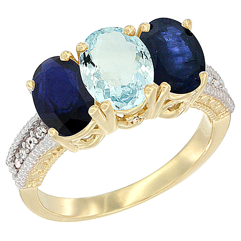 14K Yellow Gold Natural Aquamarine & Blue Sapphire Sides Ring 3-Stone 7x5 mm Oval Diamond Accent, sizes 5 - 10