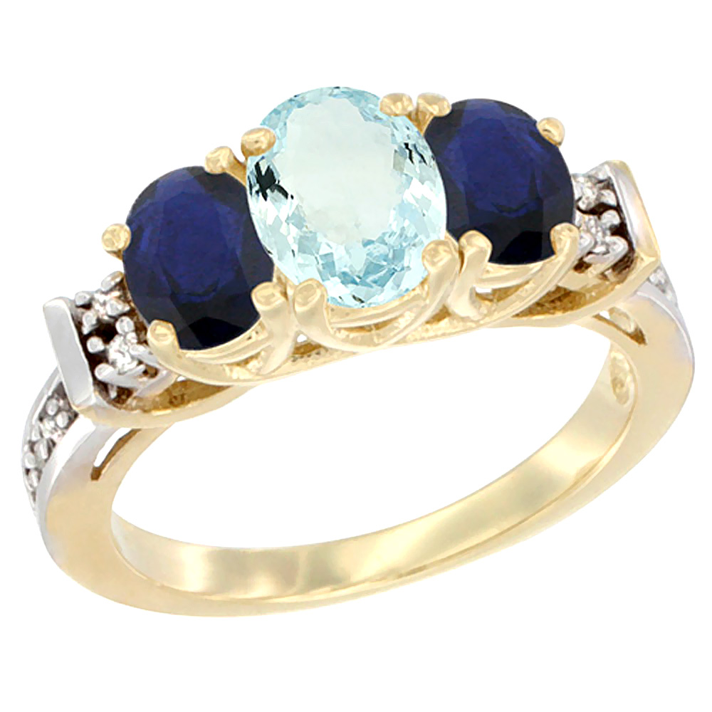 14K Yellow Gold Natural Aquamarine & High Quality Blue Sapphire Ring 3-Stone Oval Diamond Accent