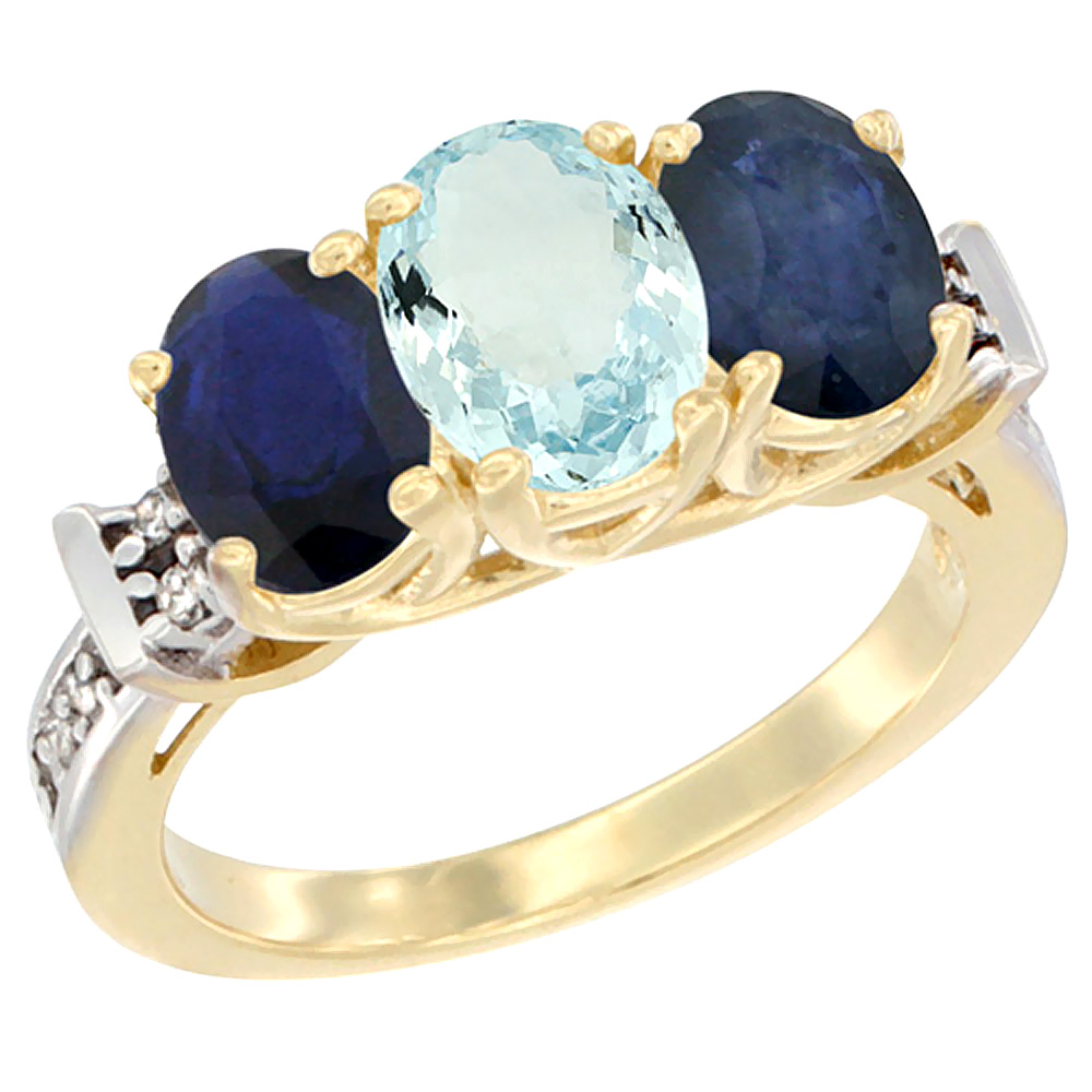10K Yellow Gold Natural Aquamarine & Blue Sapphire Sides Ring 3-Stone Oval Diamond Accent, sizes 5 - 10