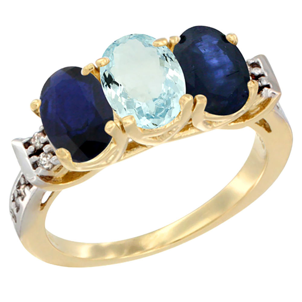 10K Yellow Gold Natural Aquamarine & Blue Sapphire Sides Ring 3-Stone Oval 7x5 mm Diamond Accent, sizes 5 - 10