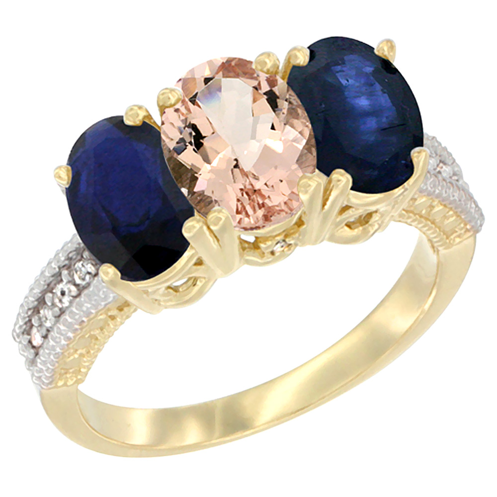 14K Yellow Gold Natural Morganite &amp; Blue Sapphire Sides Ring 3-Stone 7x5 mm Oval Diamond Accent, sizes 5 - 10