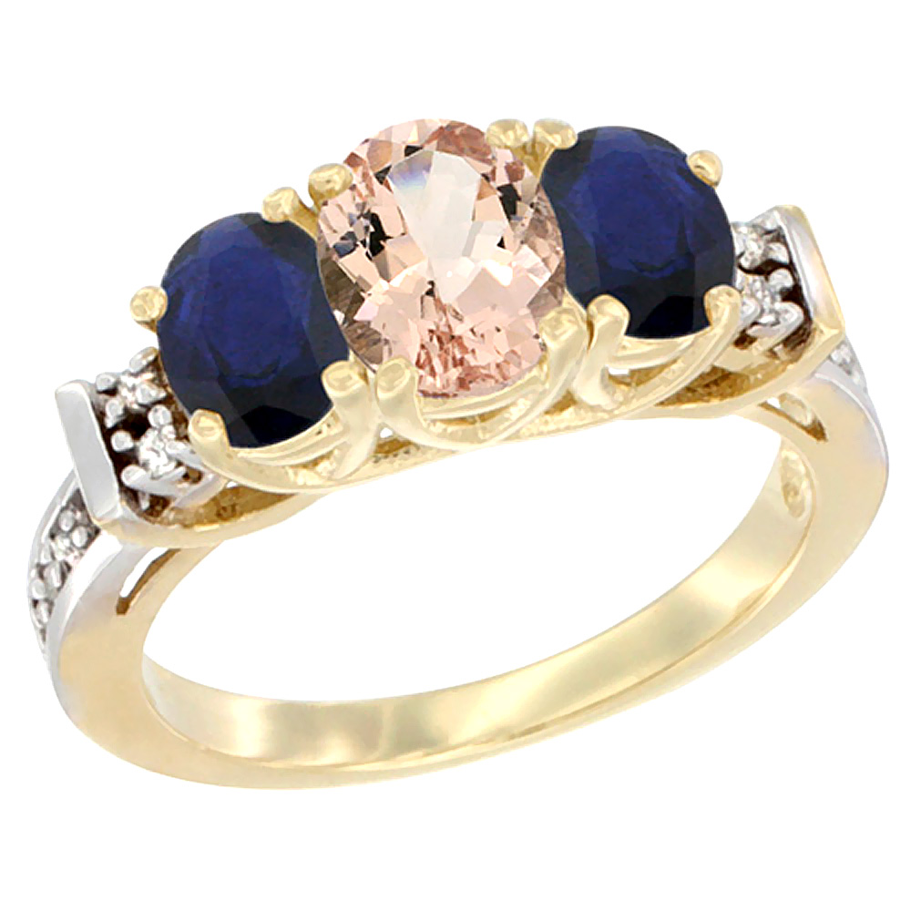 14K Yellow Gold Natural Morganite & High Quality Blue Sapphire Ring 3-Stone Oval Diamond Accent