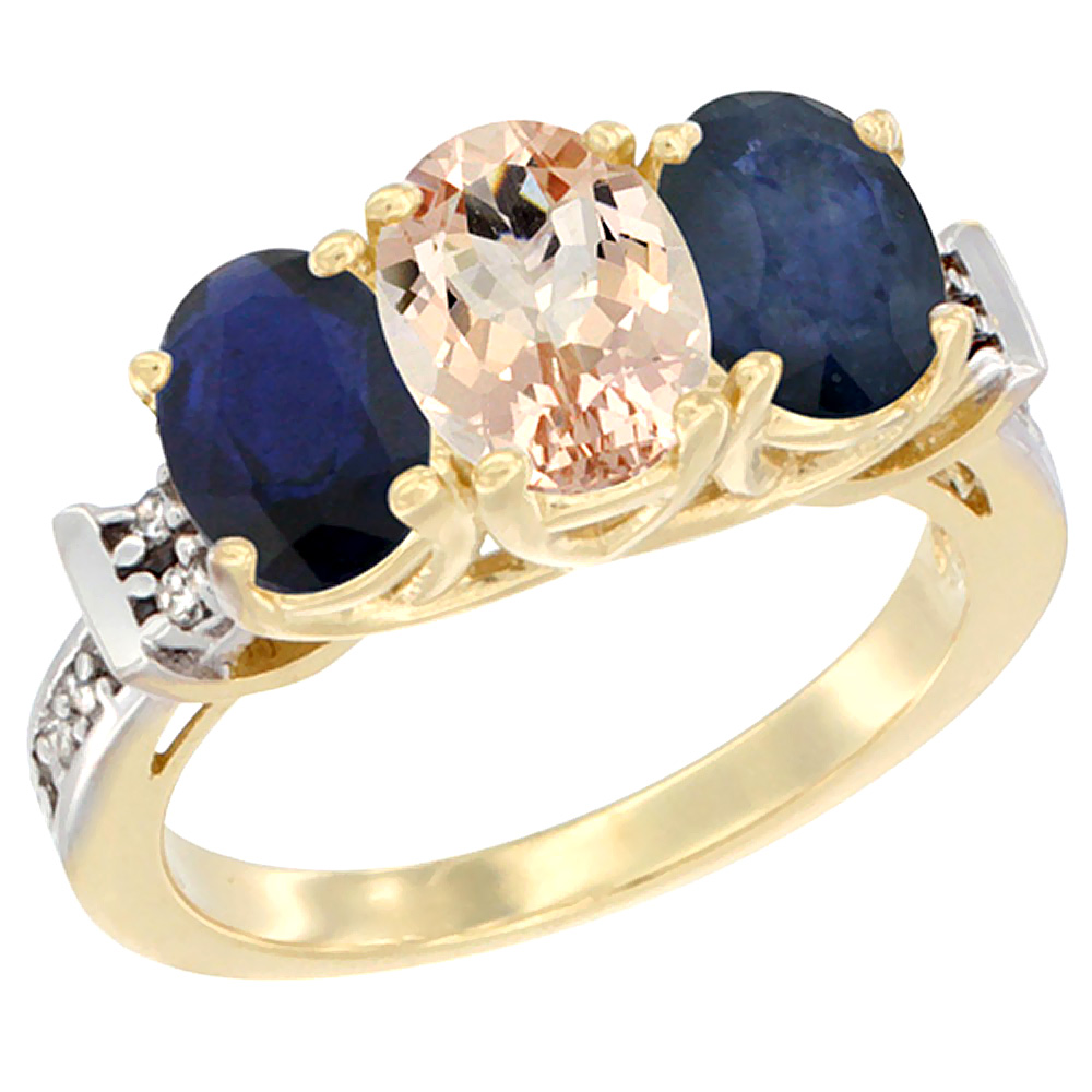 14K Yellow Gold Natural Morganite & Blue Sapphire Sides Ring 3-Stone Oval Diamond Accent, sizes 5 - 10