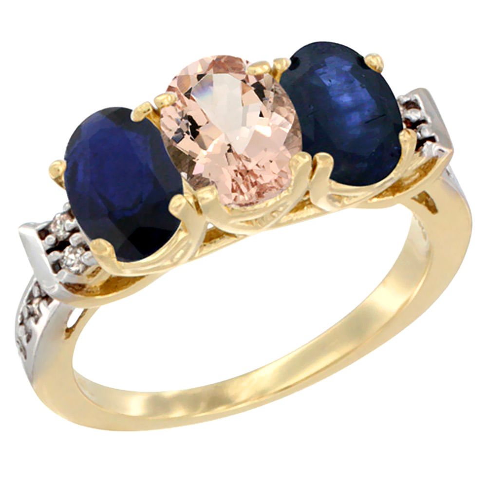 14K Yellow Gold Natural Morganite &amp; Blue Sapphire Sides Ring 3-Stone Oval 7x5 mm Diamond Accent, sizes 5 - 10