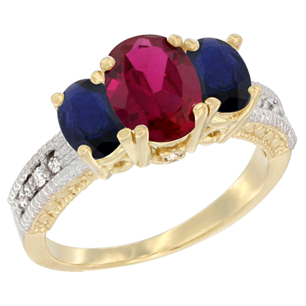 10K Yellow Gold Diamond Enhanced Ruby 7x5mm &amp;6x4mm Quality Blue Sapphire Oval 3-stone Mothers Ring,sz5-10