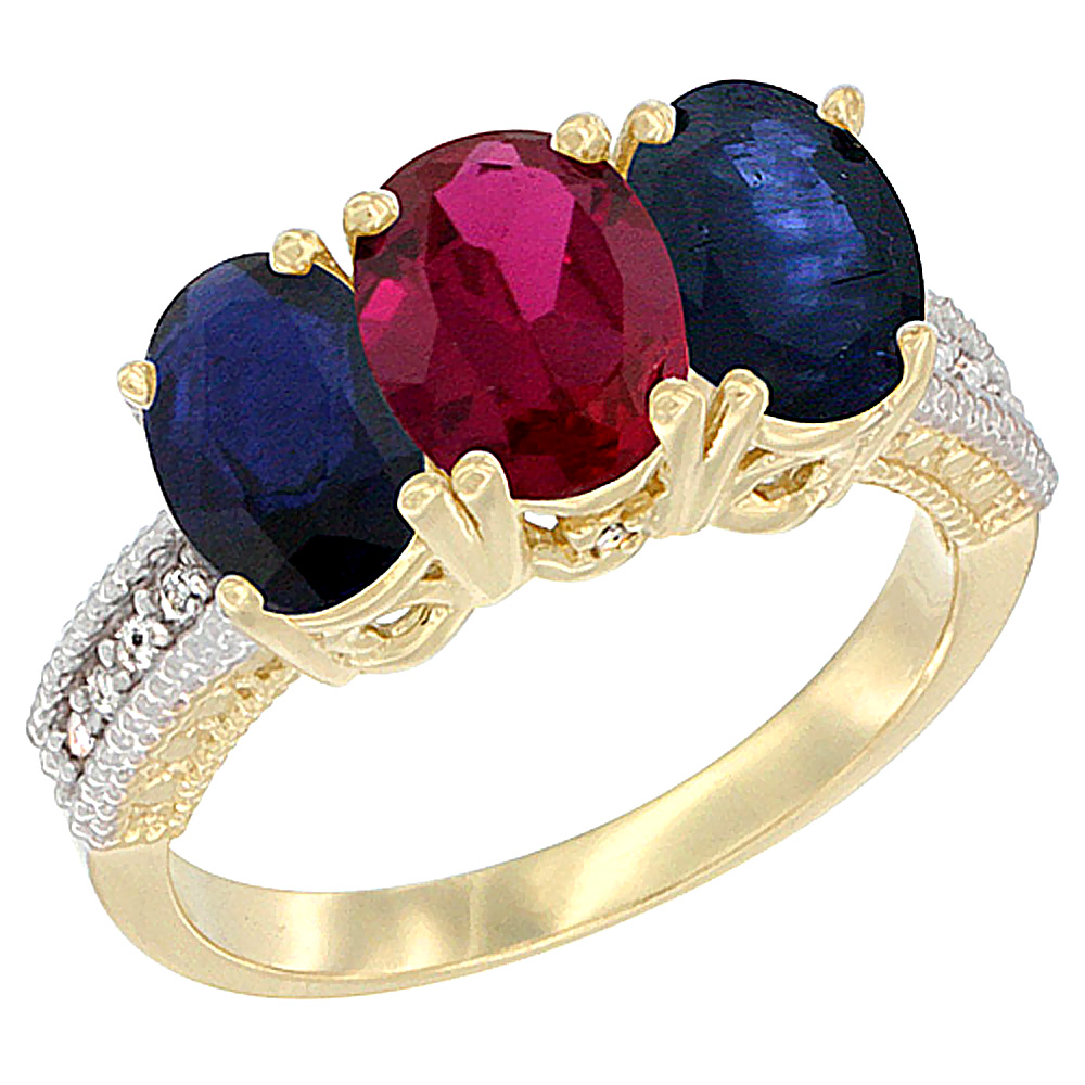 14K Yellow Gold Enhanced Ruby & Natural Blue Sapphire Sides Ring 3-Stone 7x5 mm Oval Diamond Accent, sizes 5 - 10