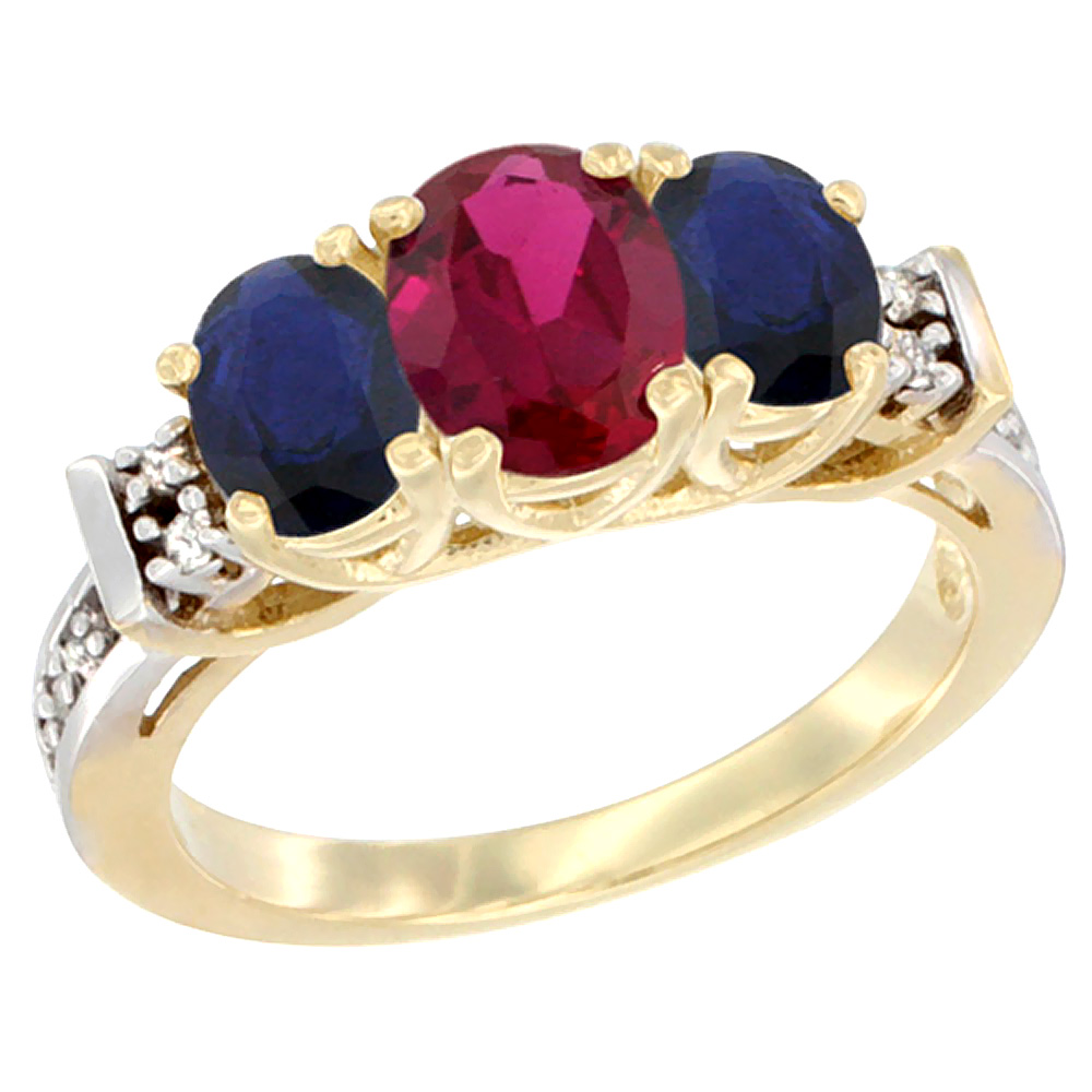10K Yellow Gold Enhanced Ruby &amp; Natural Blue Sapphire Ring 3-Stone Oval Diamond Accent