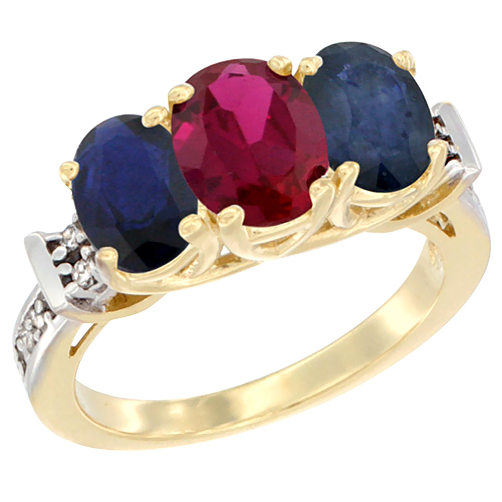 10K Yellow Gold Enhanced Ruby &amp; Blue Sapphire Sides Ring 3-Stone Oval Diamond Accent, sizes 5 - 10