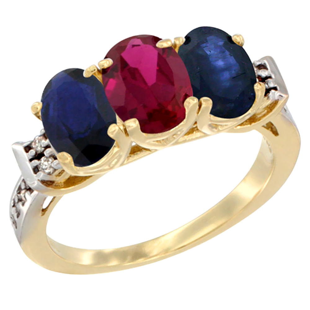 10K Yellow Gold Enhanced Ruby & Natural Blue Sapphire Sides Ring 3-Stone Oval 7x5 mm Diamond Accent, sizes 5 - 10