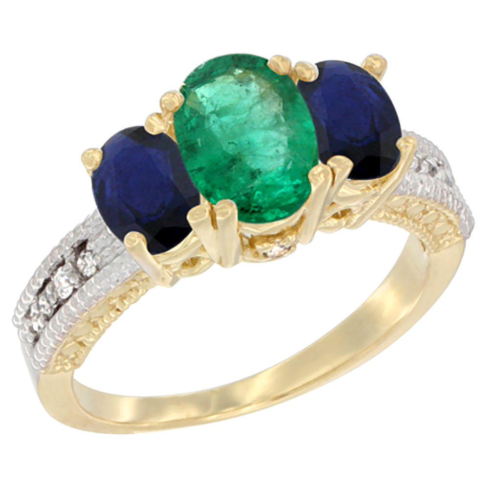 14k Yellow Gold Ladies Oval Natural Emerald 3-Stone Ring with Blue Sapphire Sides Diamond Accent