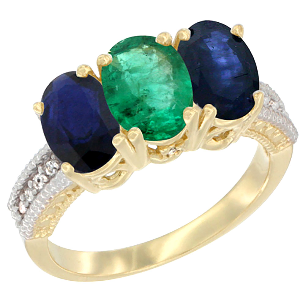 14K Yellow Gold Natural Emerald &amp; Blue Sapphire Sides Ring 3-Stone 7x5 mm Oval Diamond Accent, sizes 5 - 10