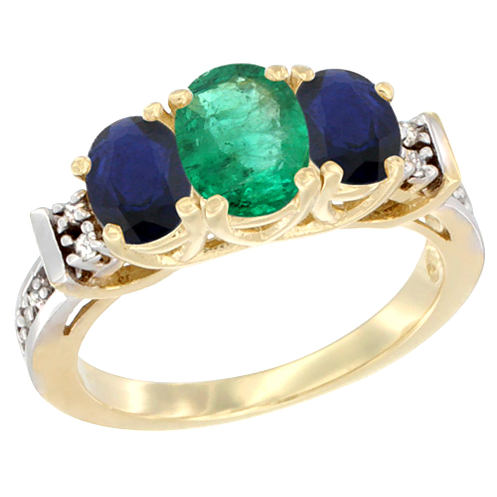 10K Yellow Gold Natural Emerald &amp; Blue Sapphire Ring 3-Stone Oval Diamond Accent