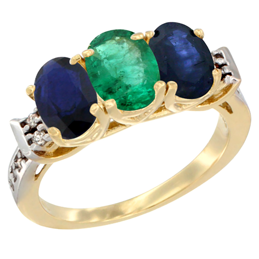 14K Yellow Gold Natural Emerald &amp; Blue Sapphire Sides Ring 3-Stone Oval 7x5 mm Diamond Accent, sizes 5 - 10