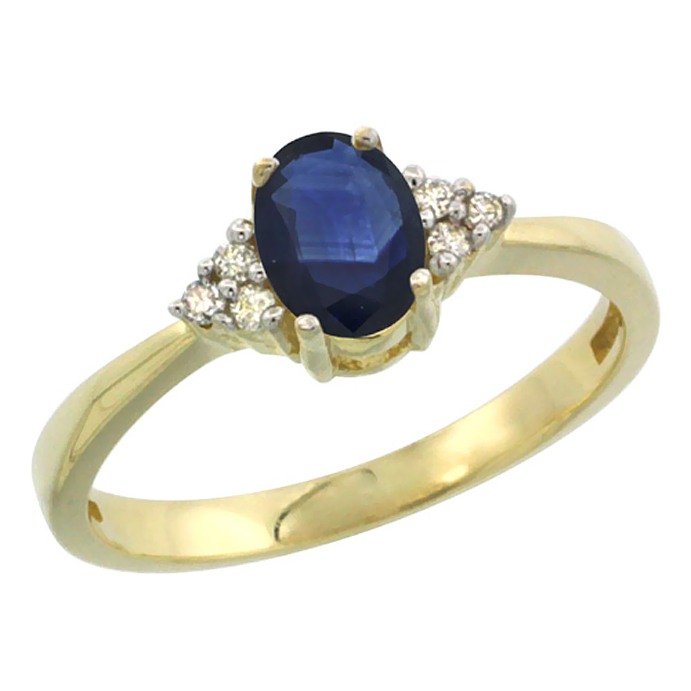 10K Yellow Gold Natural High Quality Blue Sapphire Ring Oval 6x4mm Diamond Accent, sizes 5-10