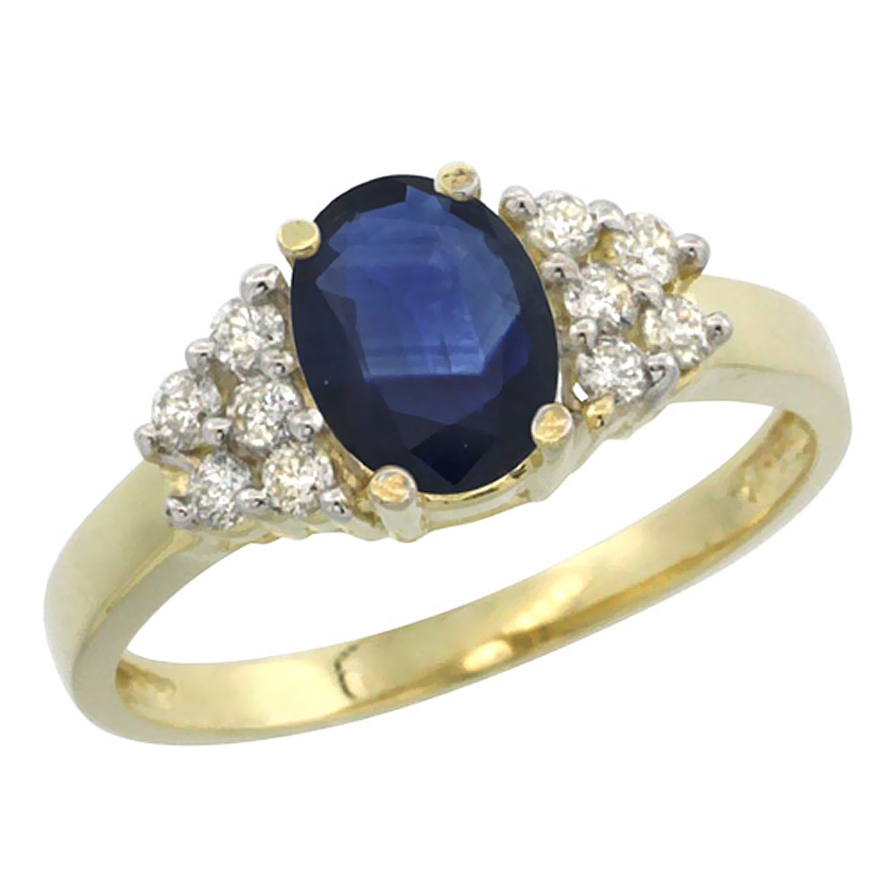 10K Yellow Gold Natural High Quality Blue Sapphire Ring Oval 8x6mm Diamond Accent, sizes 5-10