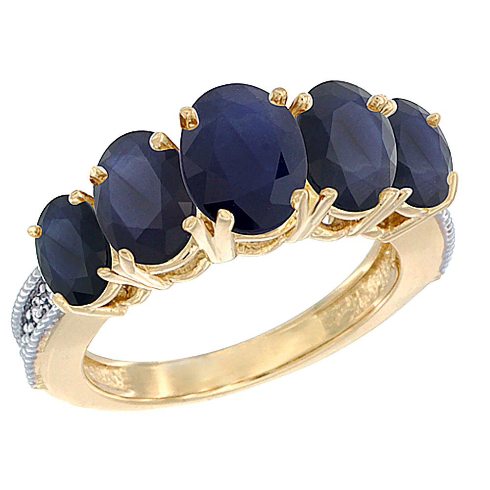 10K Yellow Gold Diamond Natural Blue Sapphire Ring 5-stone Oval 8x6 Ctr,7x5,6x4 sides, sizes 5 - 10