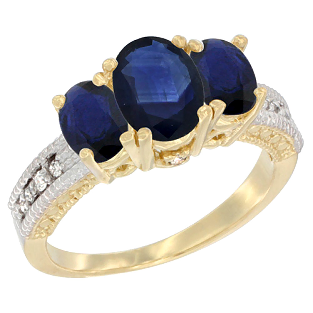 10K Yellow Gold Ladies Oval Natural Blue Sapphire Ring 3-stone Diamond Accent