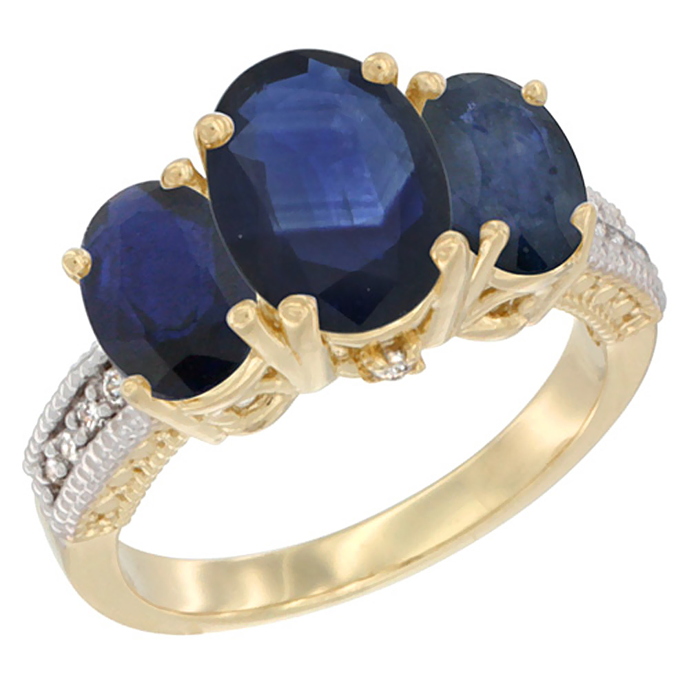 14K Yellow Gold Diamond Natural Quality Blue Sapphire 3-stone Mothers Ring Oval 8x6mm, size5-10