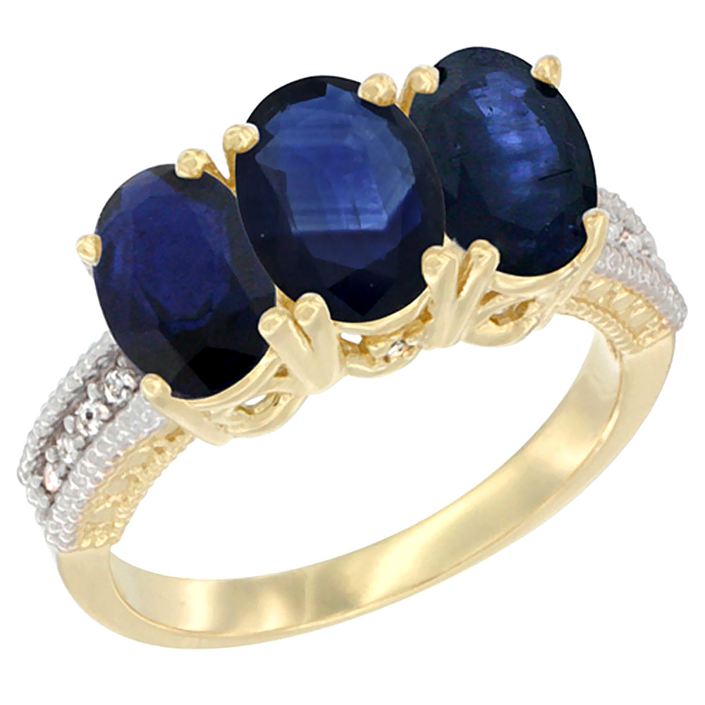 10K Yellow Gold Diamond Natural Blue Sapphire Ring 3-Stone 7x5 mm Oval, sizes 5 - 10