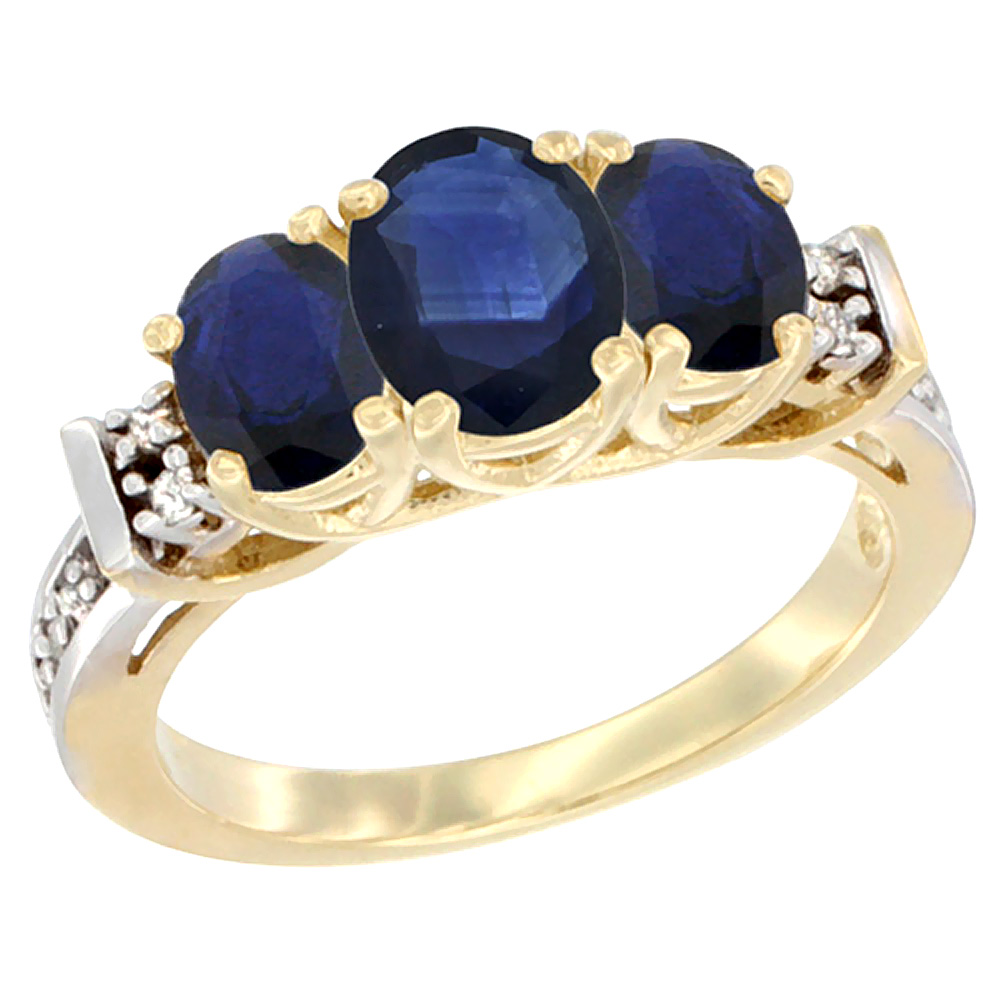 10K Yellow Gold Natural Blue Sapphire Ring 3-Stone Oval Diamond Accent