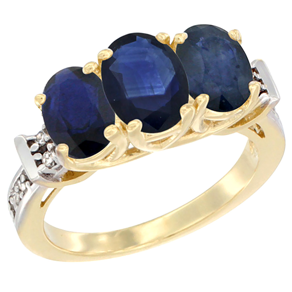 14K Yellow Gold Natural Blue Sapphire Ring 3-Stone Oval Diamond Accent, sizes 5 - 10