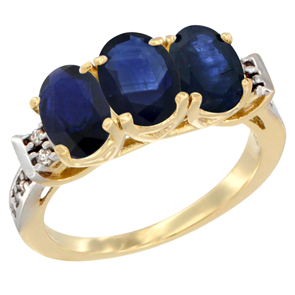 14K Yellow Gold Natural Blue Sapphire Ring 3-Stone Oval 7x5 mm Diamond Accent, sizes 5 - 10