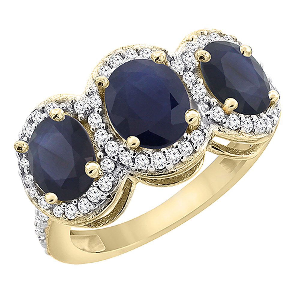 14K Yellow Gold Diamond Natural Blue Sapphire 7x5mm&amp;6x4mm Quality Blue Sapphire Oval 3-stone Ring,sz5-10