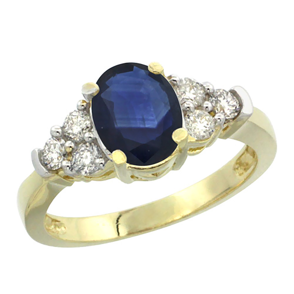 14K Yellow Gold Natural Blue Sapphire Ring Oval 9x7mm Diamond Accent, sizes 5-10