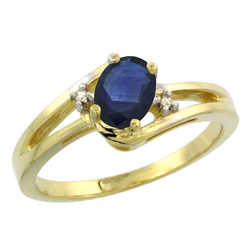10K Yellow Gold Diamond Natural Quality Blue Sapphire Engagement Ring Oval 6x4 mm, size 5-10